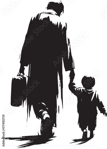 Monochrome Brushstroke Illustration of a Man Leading a Child by