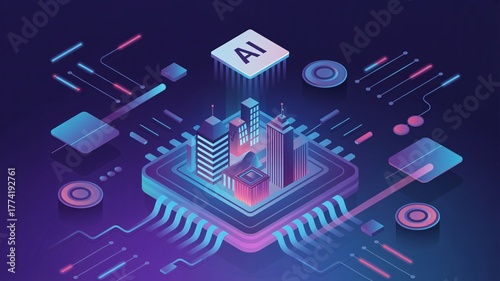 AI smart city on microchip, isometric neon 3D illustration of artificial intelligence technology.