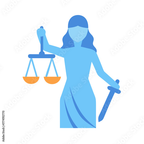 Lady Justice illustration holding scales and sword on black