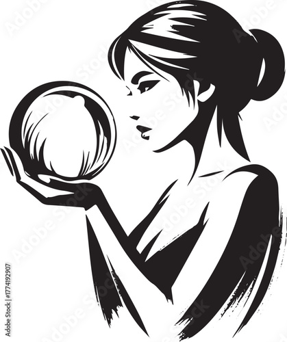 Sumi-e: Woman gazing into crystal ball with awe and anticipation