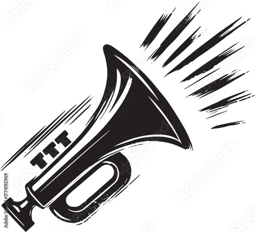 Bold illustration of a trumpet with a textured, expressive brush