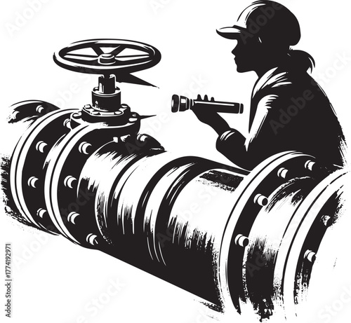 Monochromatic worker inspects industrial pipeline valve with fla