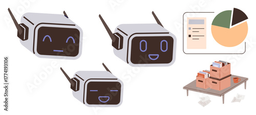 Three AI robot faces with varying expressions, a data chart with pie chart visualization, and a desk with organized files. Ideal for automation, analytics, emotion, organization, technology