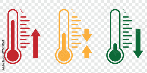 Set of temperature icons. Vector thermometer showing the temperature. Thermometer symbols, temperature scale, weather icons. Thermometer temperature up and down icon. Vector illustration, eps 10.