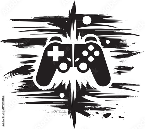 Dual controller silhouette with sumi-e style splash, gaming embl