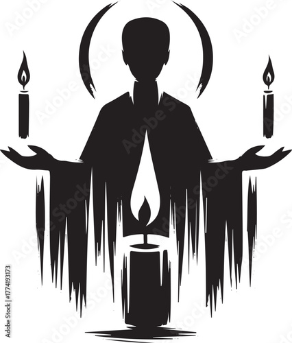 Mystical spiritual figure with candles rendered in minimalist br