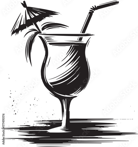 Minimalist Sumi-e Style Pina Colada Illustration with Brush Stro