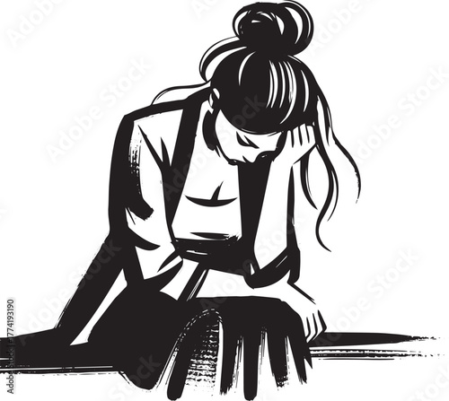 Monochrome brushstroke of a despondent woman in a moment of cont