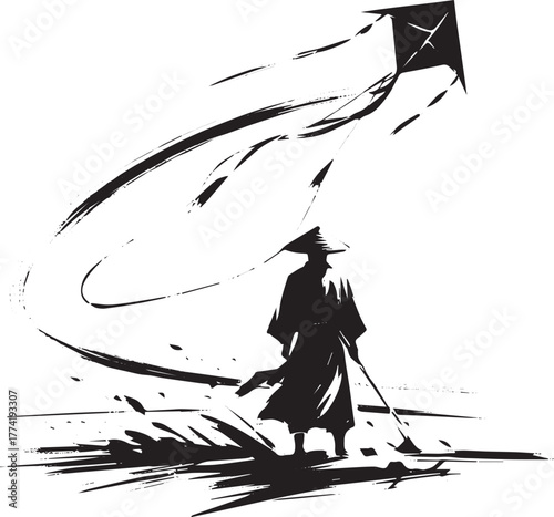 Minimalist sumi-e illustration of a man watching a crashing kite