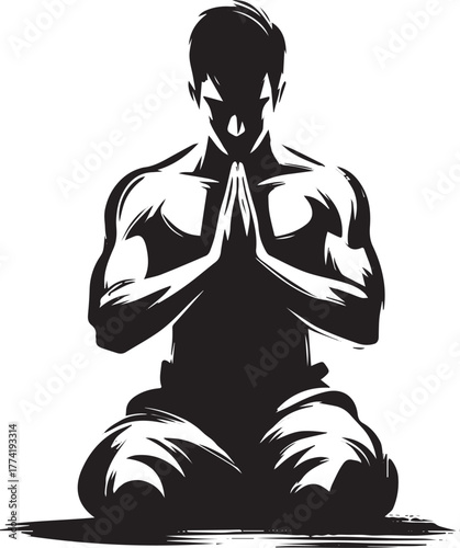 Monochrome depiction of figure kneeling in meditative posture, b
