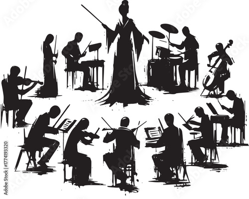 Symphony of Shadows: A Brushstroke Orchestra Silhouette in Conce