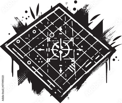 Stylized tactical map icon with minimalist sumi-e brush stroke a