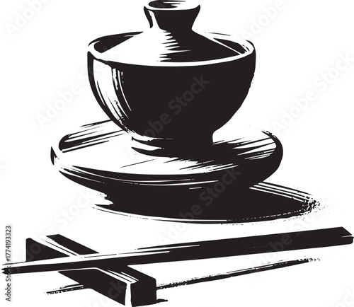 Elegant minimalist composition depicting traditional tea set wit