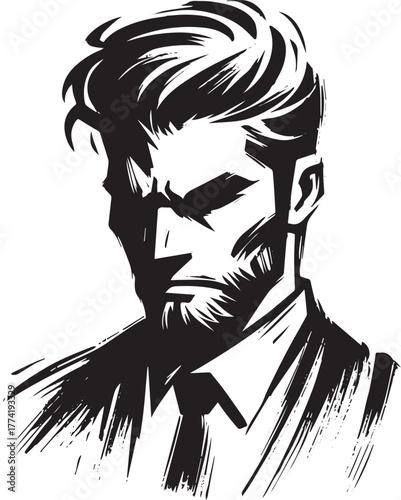 Stylized monochrome portrait of a contemplative man in brush str