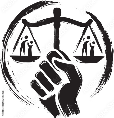 Empowered equality: Raised fist holding justice scales in artist