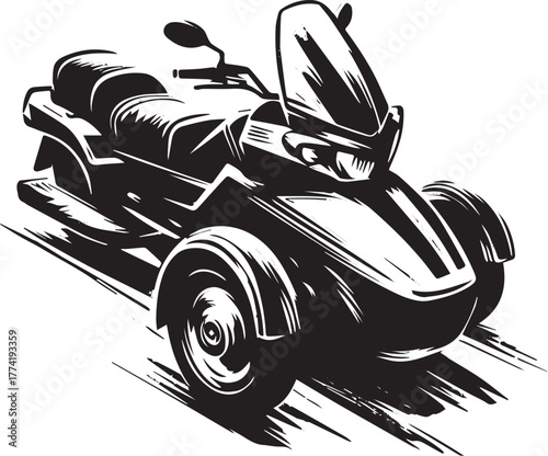Monochrome Sidecar Motorcycle Illustration with Expressive Brush