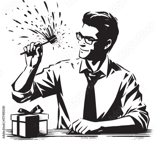 Minimalist illustration: Man celebrates with party popper at off