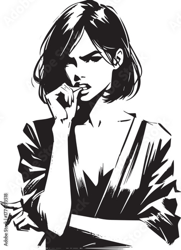 Black and white illustration of a confrontational woman biting h