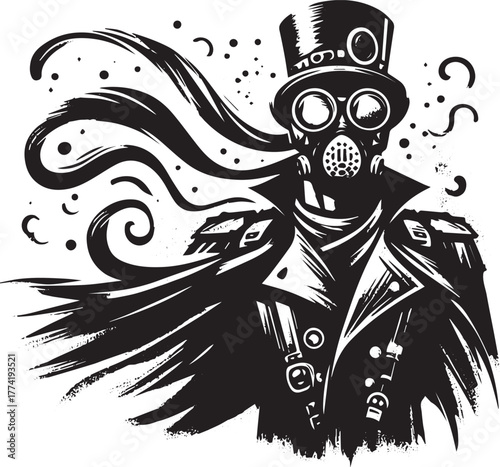 Monochrome Steampunk Character Icon with Goggles and Top Hat Ill