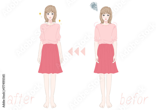 姿勢改善ビフォーアフター若い女性ピンクコーデ全身