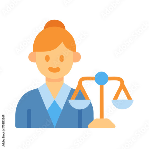 Cartoon woman in blue jacket with scales of justice