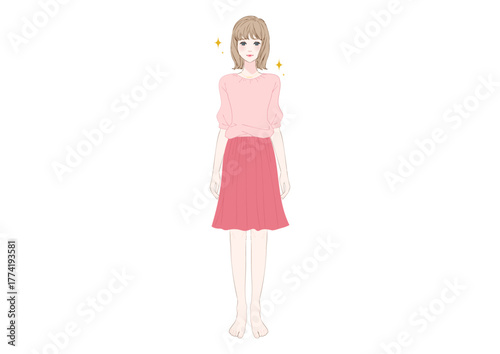 姿勢の良い若い女性ピンクコーデ全身