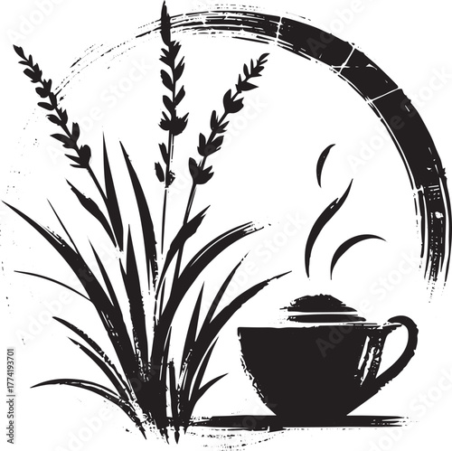 Minimalist Sumi-e Illustration of Rooibos Tea with Plants and Br