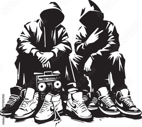 Urban rhythm duo in hooded silhouettes with vintage boombox acce