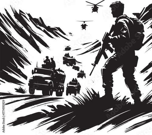 Military operation in rugged terrain illustrated with sumi-e sty