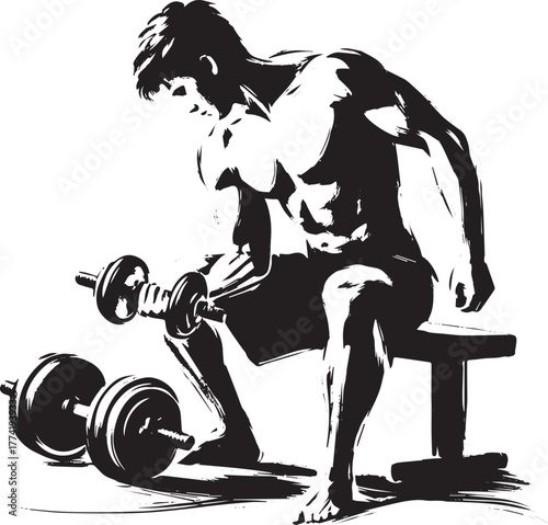 Sumi-e style illustration of a man seated doing dumbbell curls e