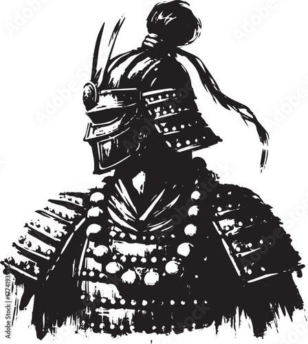 Monochrome illustration of a warrior in traditional armor with b