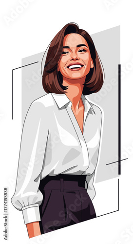 Ilustración vectorial de una mujer joven y feliz con cabello castaño corto, vestida con camisa blanca y pantalones oscuros, sonriendo con confianza.