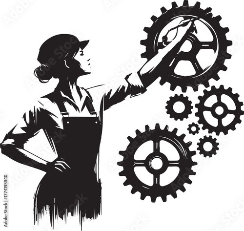 Empowered technician engaging with industrial machinery in monoc