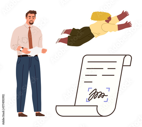 Man in formal attire holding paper, woman diving energetically toward a contract with a signed section. Ideal for teamwork, business deals, agreement, motivation, collaboration, success, simple flat