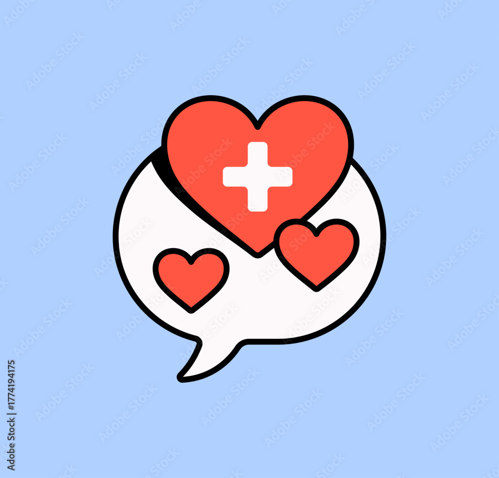 Obraz premium White speech bubble filled with red hearts, one featuring a white medical cross. This design represents health care, support, communication, and compassion cartoon vector illustration