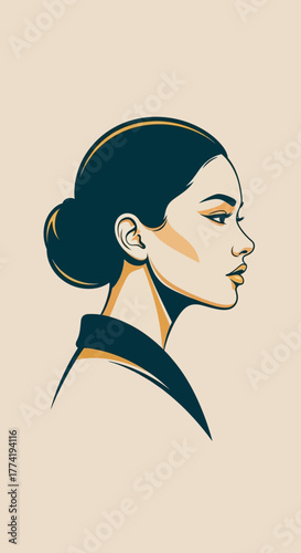 Ilustración minimalista de perfil de mujer con moño y rasgos delicados sobre fondo claro.
