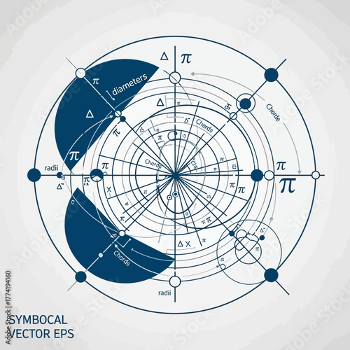 Diagrama técnico detallado con elementos geométricos, círculos, radios, diámetros y símbolos matemáticos como Pi y Delta, representando conceptos de ingeniería y ciencia.