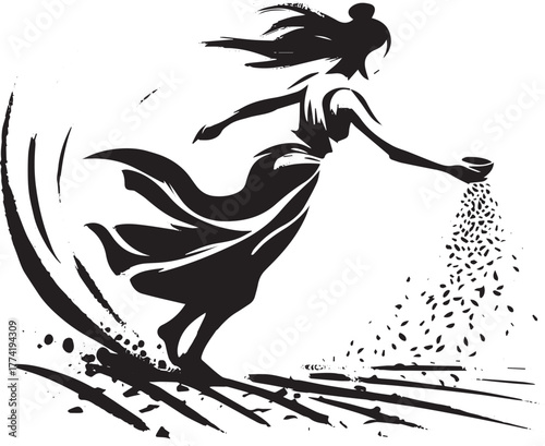 Ethereal monochrome illustration of a woman sowing seeds in a fi