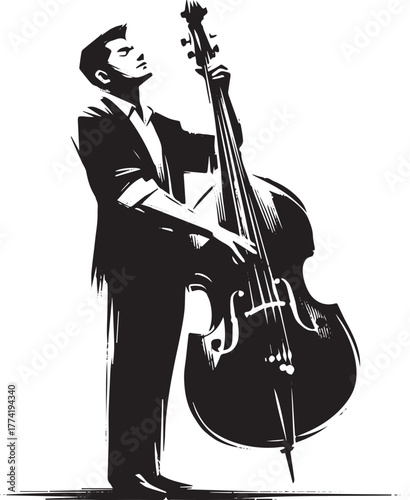 Monochrome illustration of a musician deeply immersed playing th