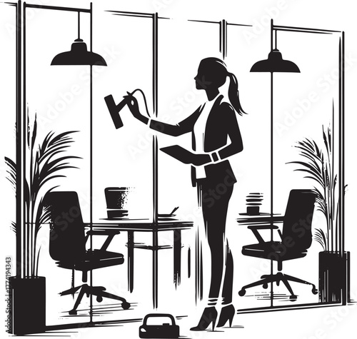 Illustrative business woman analyzing office acoustics with divi