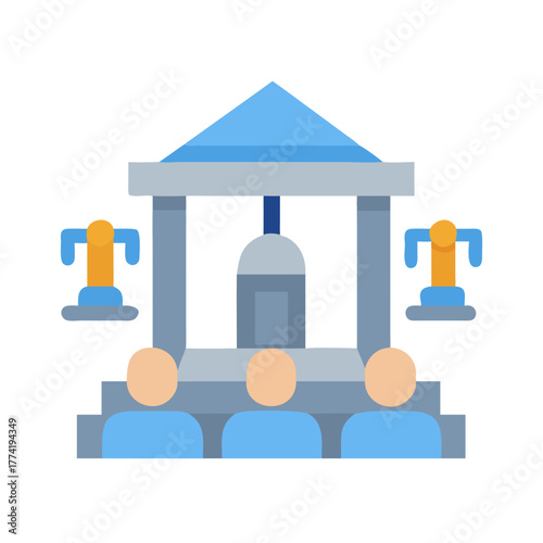 Flat design image of hearing in a courtroom setting