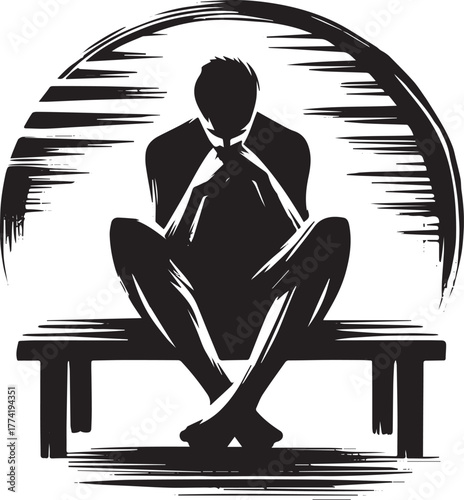 Monochrome illustration of thoughtful man sitting on bench in su