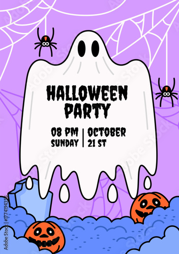 Halloween party poster featuring a cute white ghost with spooky text, pumpkins, spiders, and cobwebs vector illustration for holiday invitations, party flyers, seasonal promotions, and festive