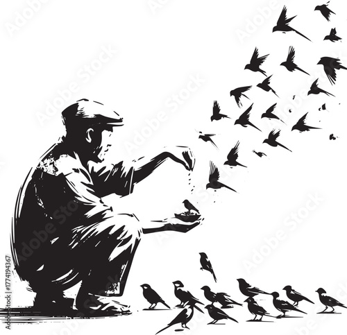 Sumi-e illustration of a man feeding small birds, minimalist sty