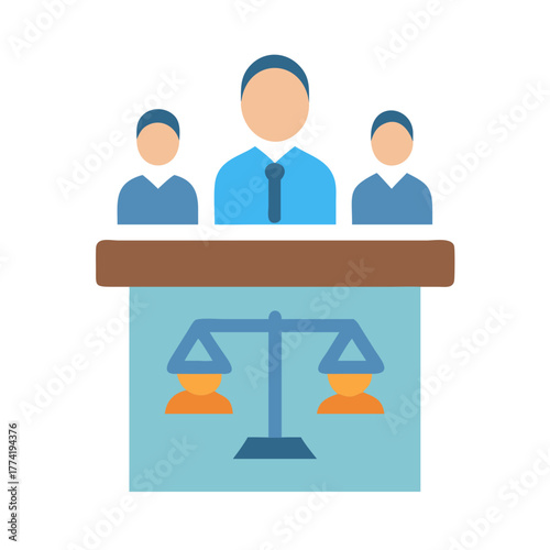 Courtroom Justice Scene with Judges, Scale and Abstract Figures