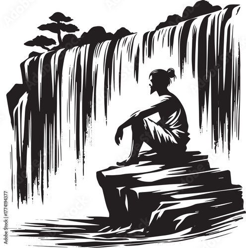 Monochrome illustration of a man sitting by a waterfall in a med