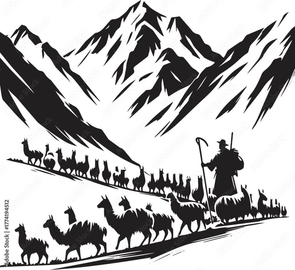 Naklejka premium Minimalist sumi-e style illustration of a llama caravan trekking
