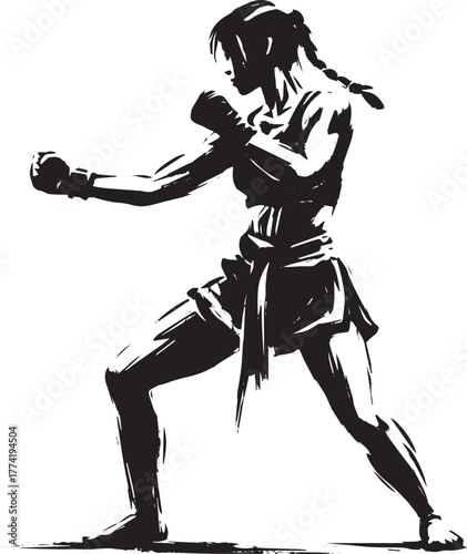 Minimalist sumi-e of a focused female Muay Thai warrior in fight