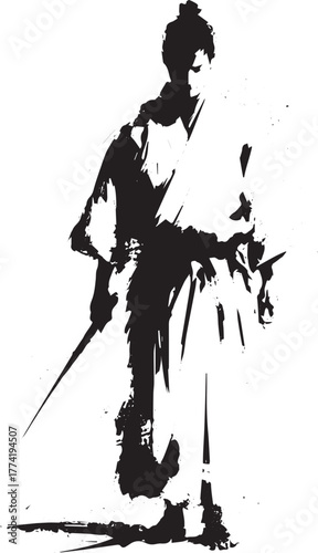 Minimalist Sumi-e Illustration of a Samurai Warrior in White Clo