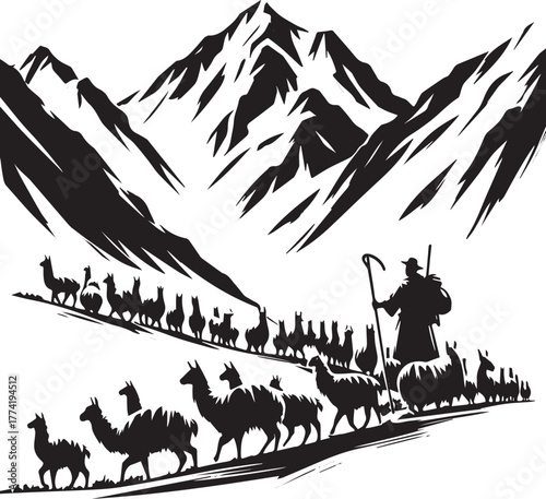 Minimalist sumi-e style illustration of a llama caravan trekking